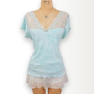 Coquette Womens L Mint Lace Trim Top Sheer Floral Baby Tee Fairy